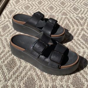 Clark’s platform sandals, silver double buckle